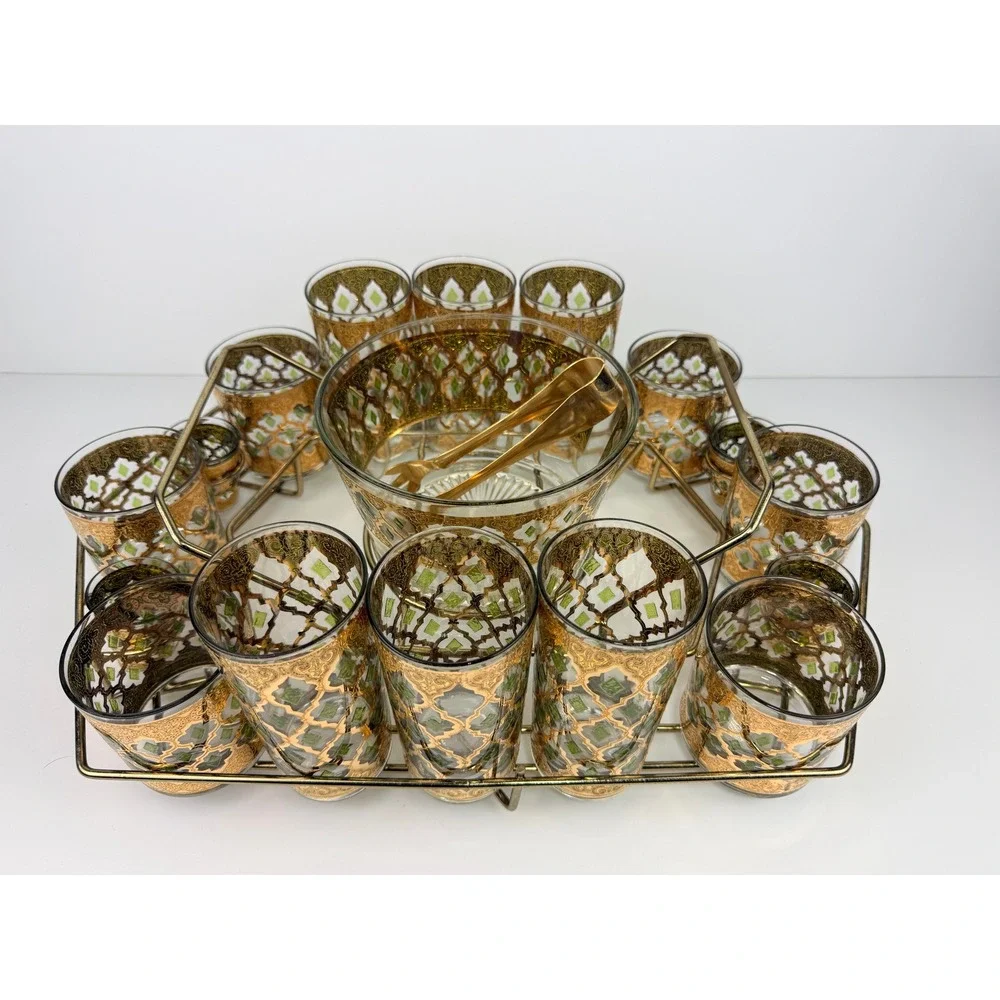 Rare Vintage Culver Valencia 22K Gold Barware Set 17-Piece Glasses Caddy MCM